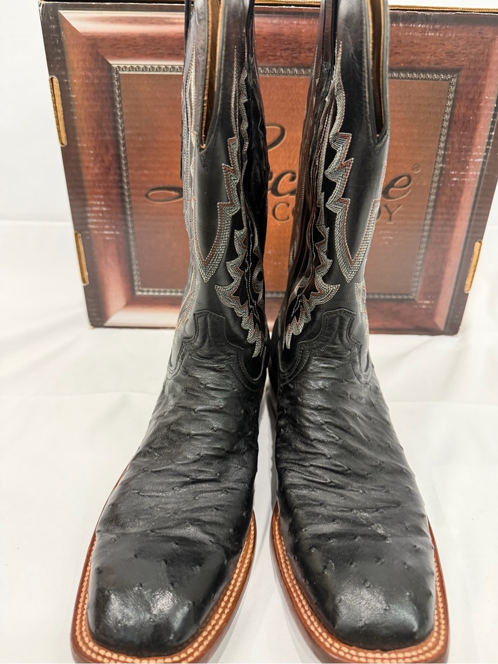Lucchese Black Embroidered Square Toe Cowboy Boots 9.5B